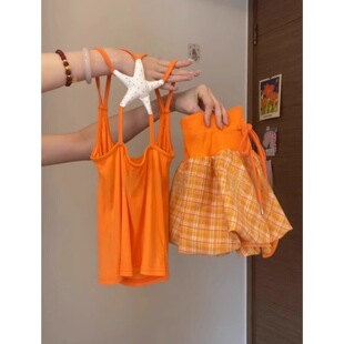 胖mm夏日韩系复古橙色格纹花苞半身裙女辣妹海边度假风蛋糕短裙子