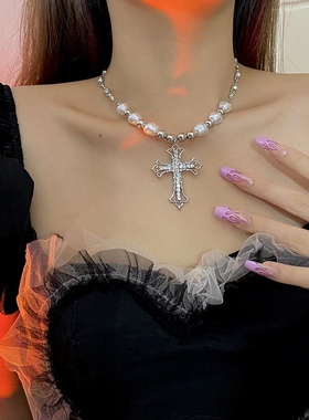 点钻十字架珍珠项链女ins嘻哈潮欧美个性街头超酷设计感锁骨链