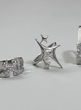 小众芒星情侣戒韩版ins设计感字母X镶嵌锆石肌理戒指男时尚个性手