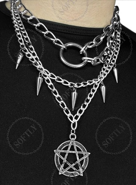 朋克ins嘻哈风六芒星吊坠项链多层粗链条个性男女项链配饰