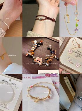 新中式狐狸牌藏式手工编绳小众设计感粉色锆石四叶草手链轻奢手饰