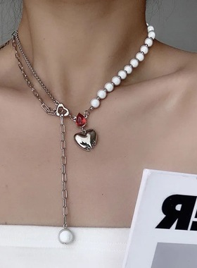 欧美反光珍珠锁骨链女镶钻爱心拼接夜光项链小众设计链条个性颈链