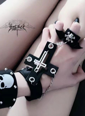 原创亚文化暗黑朋克黑色手环皮手链手背链手饰
