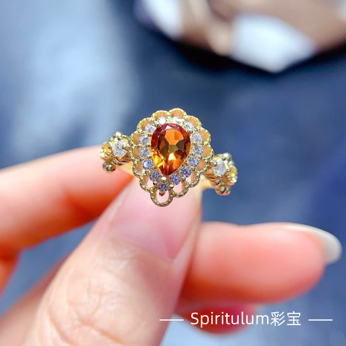 天然黄水晶戒指主石尺寸5×7mm925纯银镀金支持检测