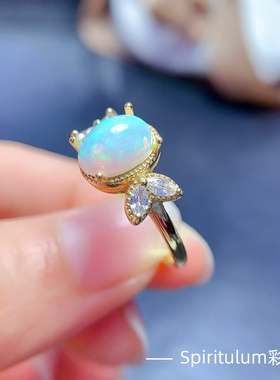 天然白欧泊戒指主石尺寸7×9mm925纯银镀金支持检测