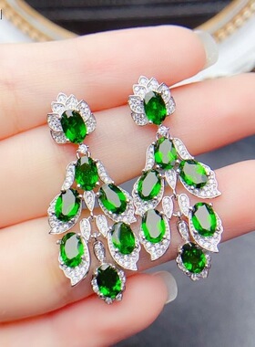 天然透辉石耳钉，S925银镶嵌、简单大气主石4*6mm （962001）