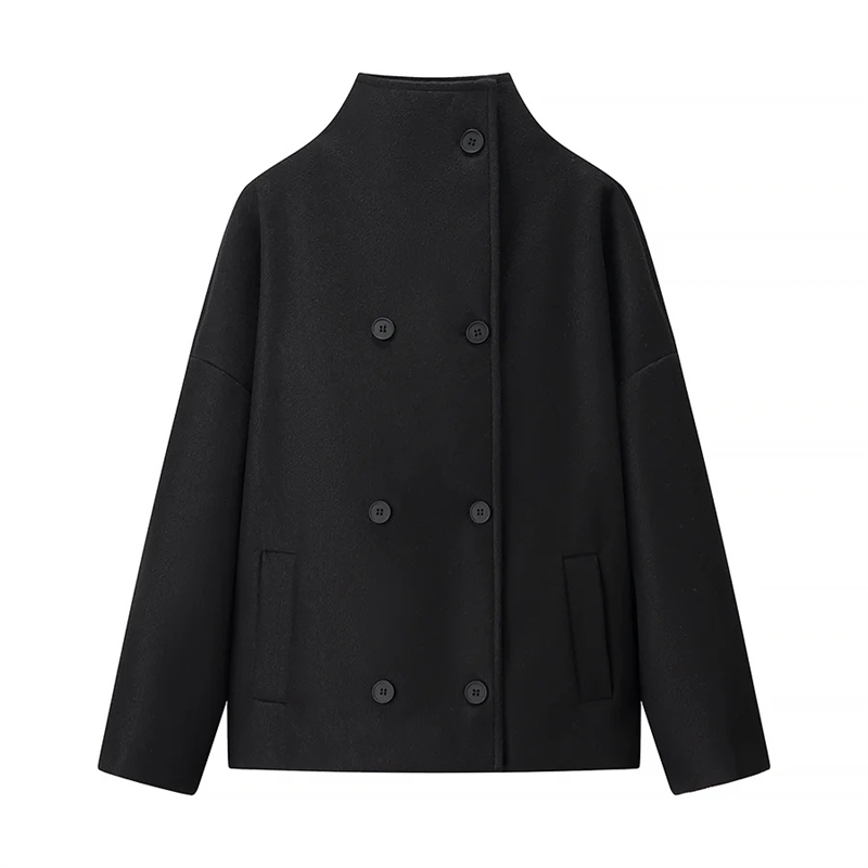 thumbnail for Autumn new women's minimalist style loose stand-up collar long sleeve double-breasted cropped woolen jacket jacket