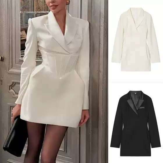 New Winter Women's Clothing, Commuter Style, Lapel, Long Sleeves, Waist-Cinching, Back Tie, Diamond-Embellished Short Suit Dress