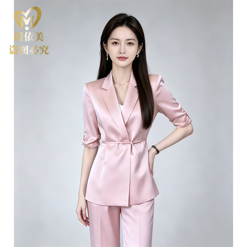 高端西装套装夏季新款显瘦气质洋气时尚新中式女神范粉色醋酸缎面