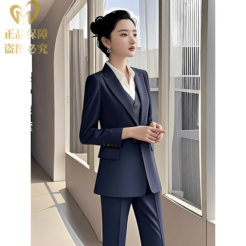 高个子两件套藏青色2粒扣女西装套装高级感时尚小西装修身气质