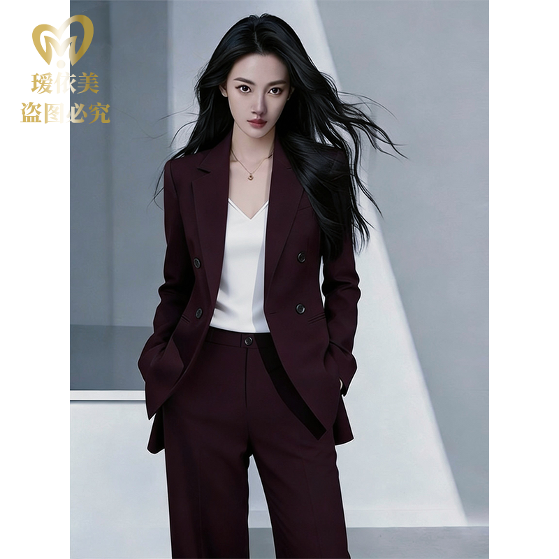 高端西装女秋冬通勤职业装显瘦时尚正肩西服显瘦气质休闲修身酒红