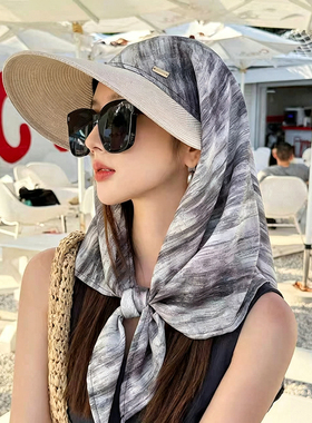 新款丝巾遮阳帽户外夏季太阳帽女草编防晒帽子防紫外线护颈披肩帽