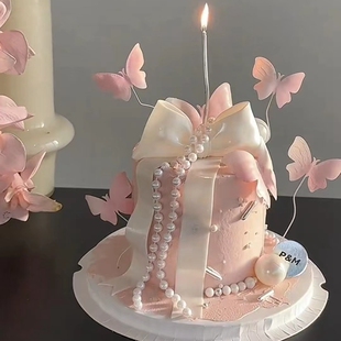 饰品透明圆环仙女ins风生日快乐插件 粉色糯米纸珠光粉蝴蝶蛋糕装