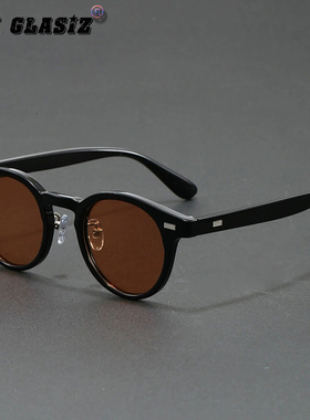 日系复古偏光墨镜潮男女浅灰墨绿防紫外太阳镜日系小圆形平光镜