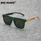 日系风新款 太阳镜复古方形男士 偏光防紫外线绿色竹木镜腿女士墨镜
