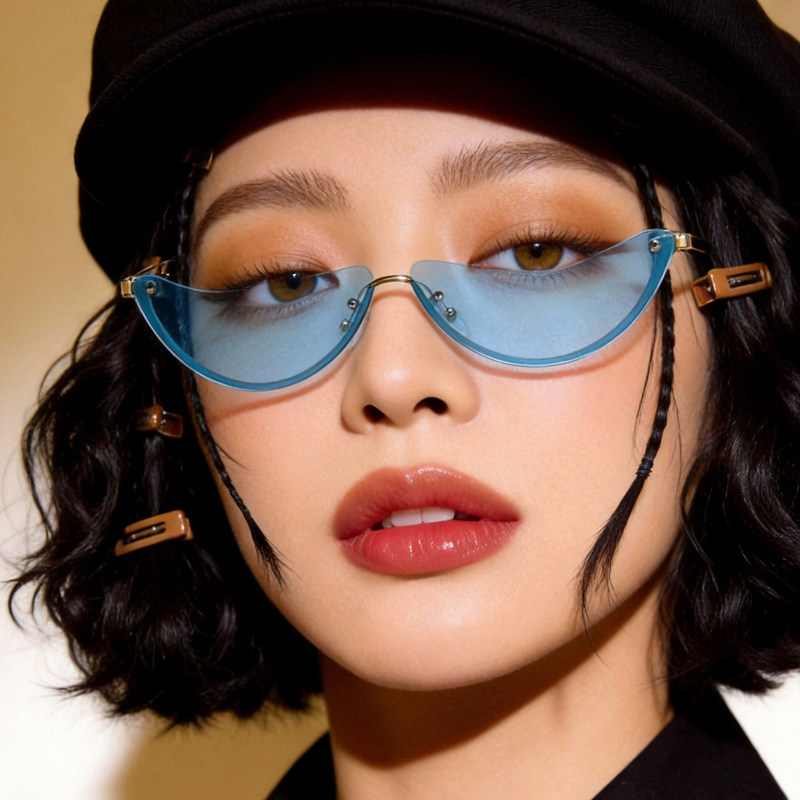 欧美风半框半圆无边框海洋彩色镜片太阳镜女韩版新款个性蛤蟆墨镜