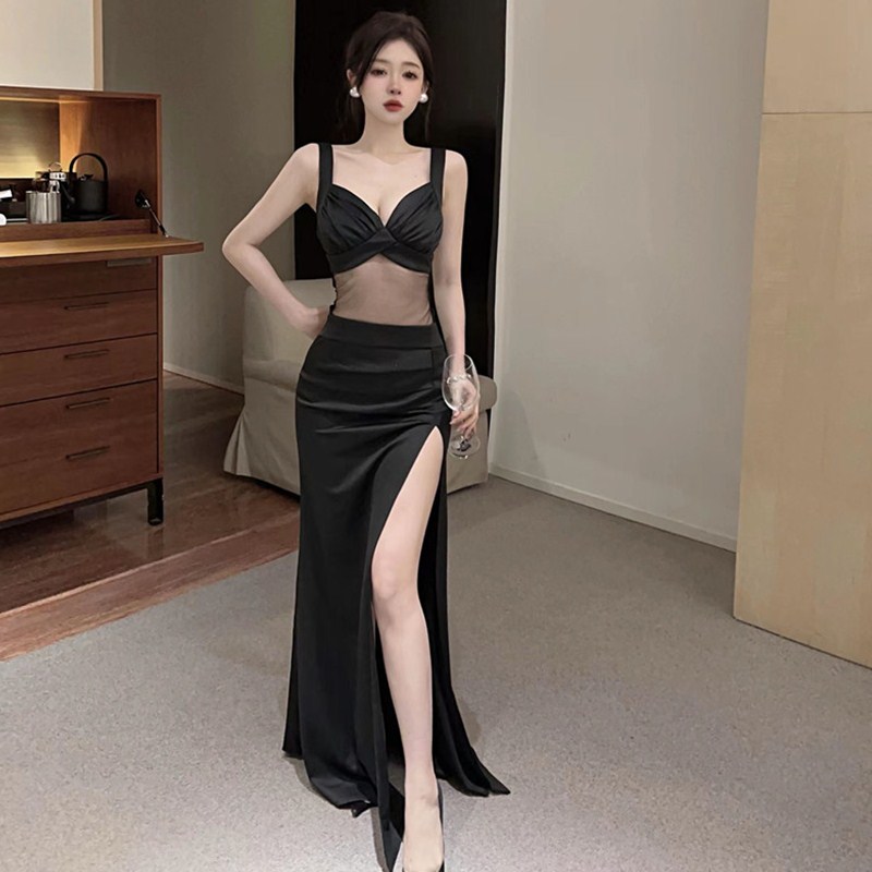 实拍法式夏季低胸性感吊带晚礼服裙气质透视露腰显瘦公关走秀长裙