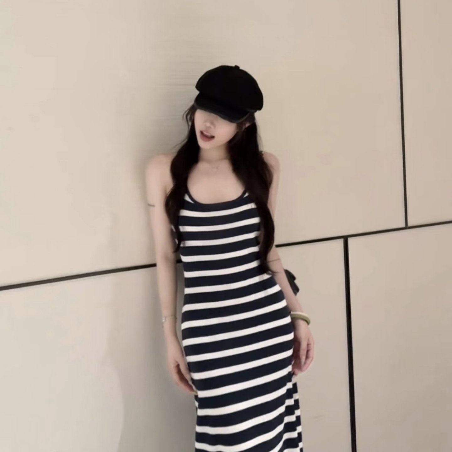 气质模范生韩版百搭条纹针织连衣裙新款夏季修身显瘦遮胯长裙
