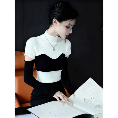 气质高端黑白撞色针织衫女2025冬季新品时尚休闲风半高领百搭毛衣