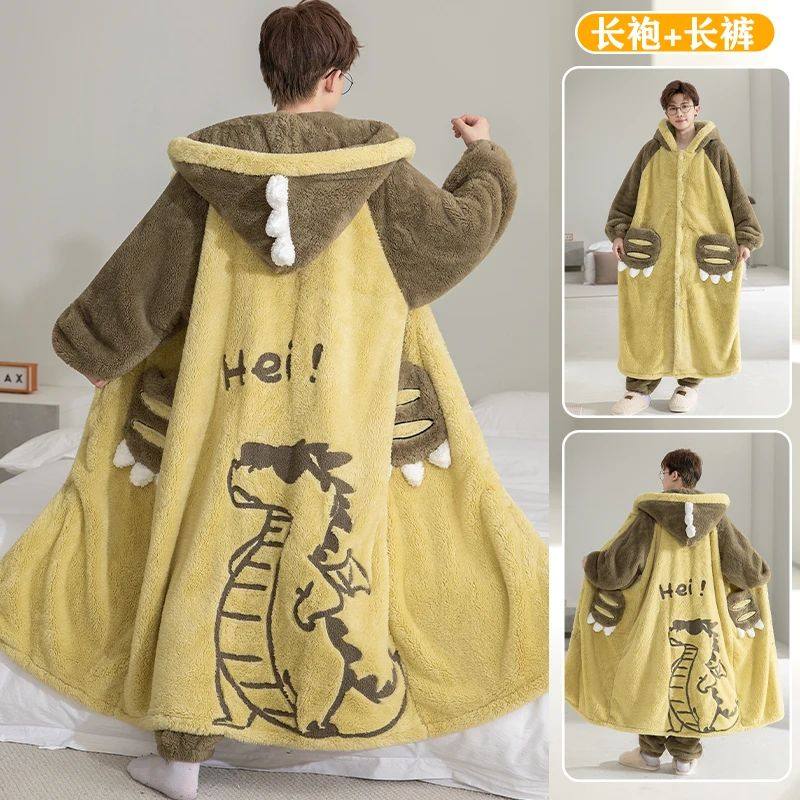卡通动漫睡衣浴袍保暖冬季男青少年连帽长款法兰绒家居服睡袍套装