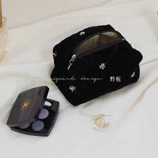 野栀原创手作高质金色黑丝绒刺绣钉珠便携化妆补妆包多功能收纳包