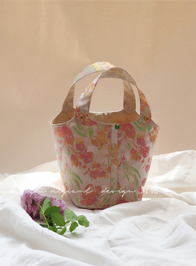 野栀原创手作织锦缎富贵宴会春夏淡粉紫色新中式菜篮子子母手提包