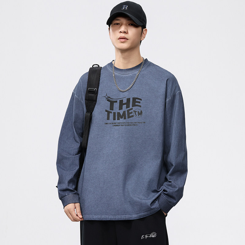 2025秋季潮牌炒色做旧水洗印花圆领长袖T恤男潮流加肥加大码上衣