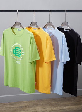 夏天超大码短袖T恤男全棉浅黄色印花宽松打底汗衫胖胖哥哥gg10