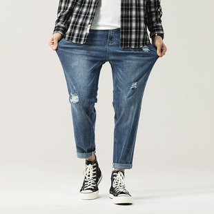 2025春秋破烂牛仔裤男胖子九分弹力裤子加肥加大松紧裤矮胖男裤子