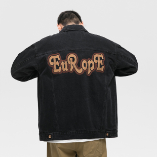 秋季 纯黑牛仔衣黑色显瘦衣服字母刺绣夹克 绣花牛仔外套男胖子大码