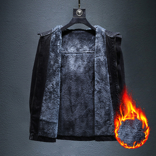 秋冬中长款加绒连帽牛仔外套男胖子大码厚款加长牛仔夹克拉链开衫