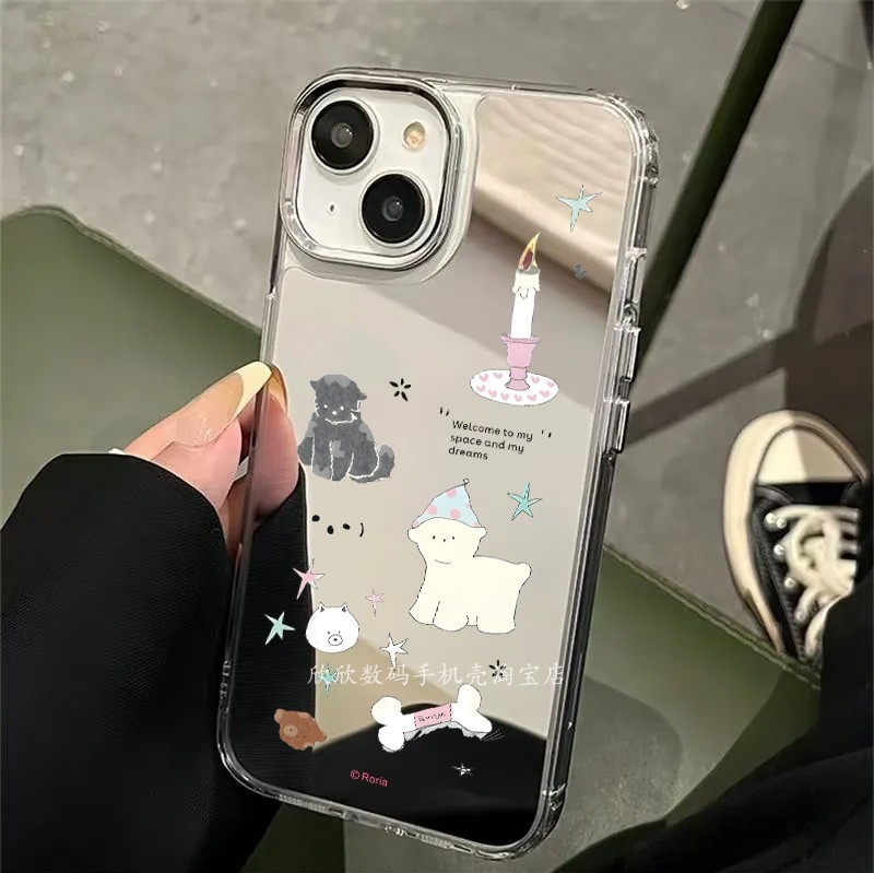新款蜡烛狗狗镜面手机壳高级感xr彩绘iphone16promax卡通xs可爱13适用苹果6/14/15镜子11保护壳12手机套xsmax