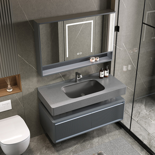 岩板陶瓷一体盆浴室柜卫生间定制洗漱台洗手脸盆智能折叠镜柜组合
