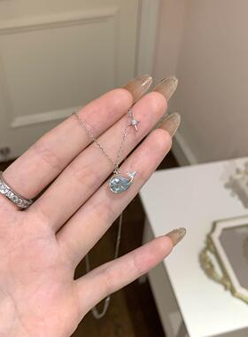 S999纯银蓝色小鲸鱼项链女款2026新款设计感四芒星吊坠情人节礼物