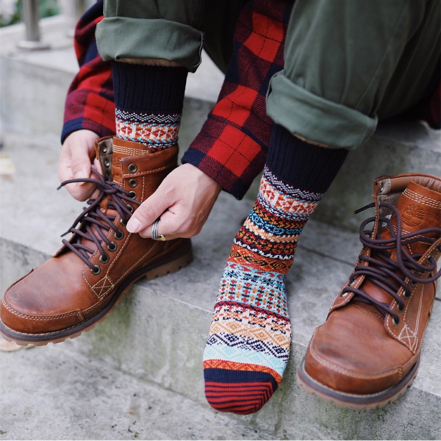 3足下工作室 复古工装袜阿美咔叽chup粗线袜红翼袜子男潮中筒长袜