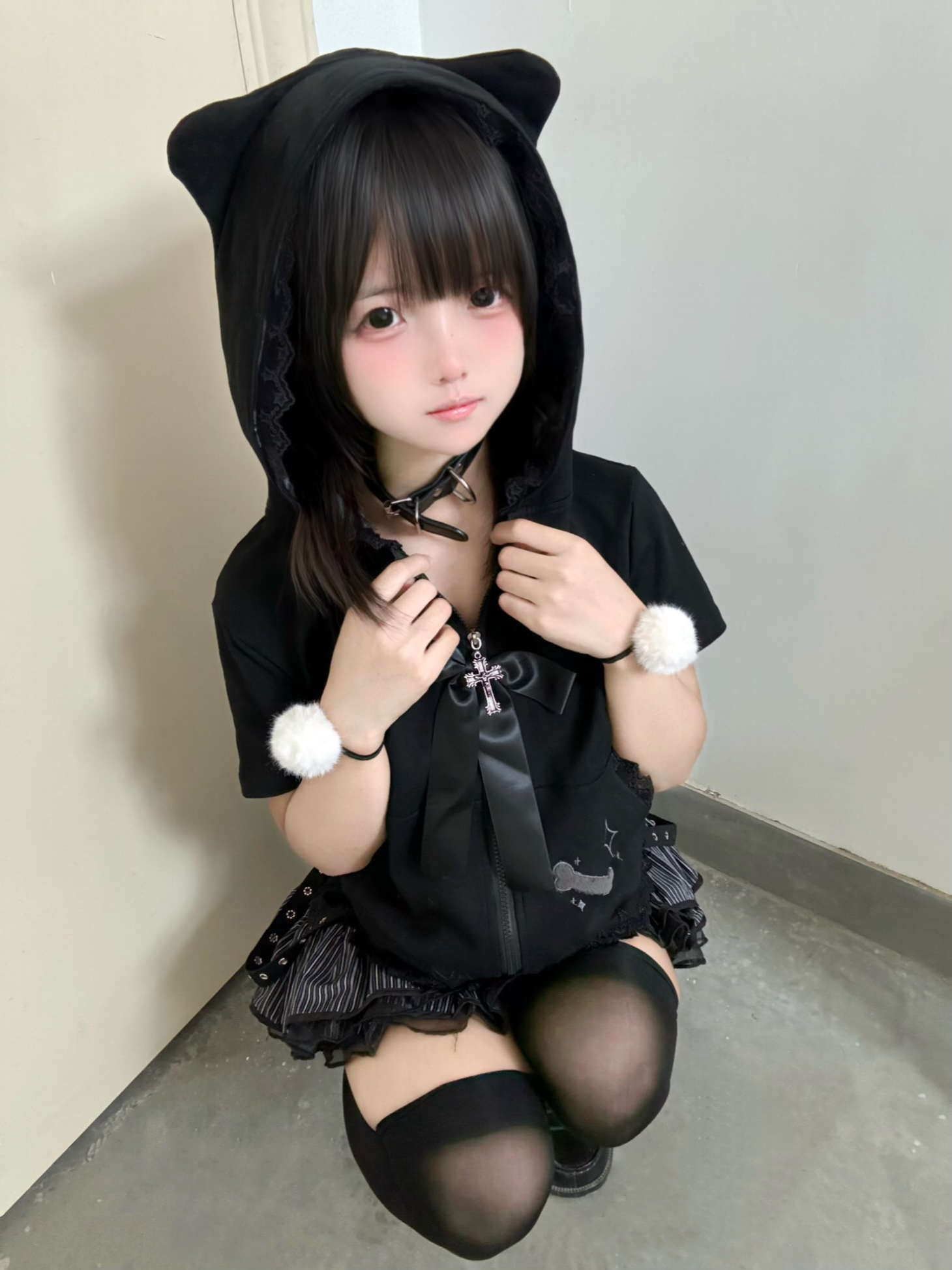 黑雾之召短袖可爱猫耳拉链T恤外套黑色蓬蓬半裙亚比莓派派原创