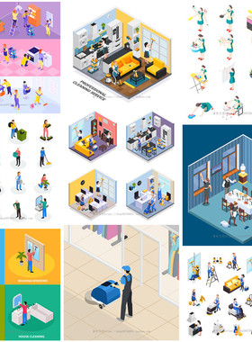 A4141矢量轴测图家政酒店服务打扫卫生搬家保姆管家 AI设计素材