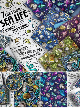 A3985矢量7个有趣的海洋生物涂鸦四方连续背景图 AI设计素材
