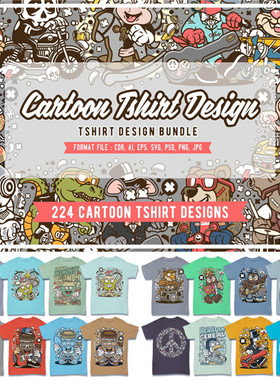 A3974矢量224个卡通T恤印花插画图案 AI设计素材+cdr+psd