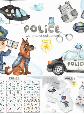 P0830高清PS设计素材水彩儿童警察警车警犬摩托车四方连续背景png