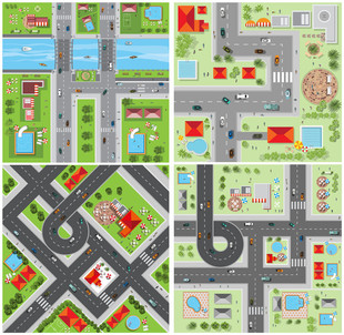 A4043矢量扁平化城市街道交通卡通图标抽象俯视图 AI设计素材