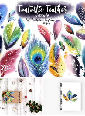 A4093矢量彩色水彩风格羽毛印花插画 AI设计素材svg+png