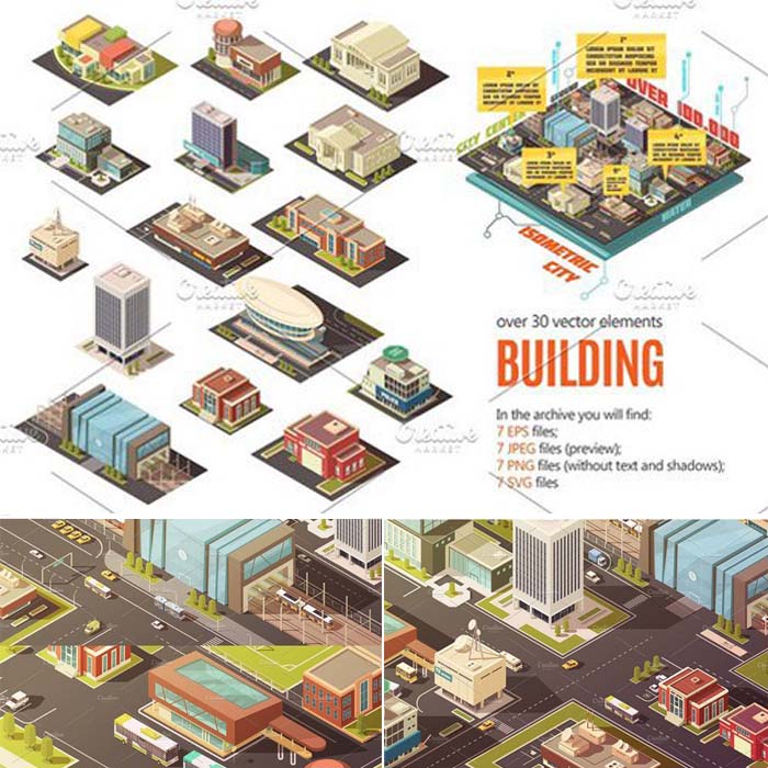 A1611矢量扁平化轴测图城市建筑交通场景图标 AI设计素材+svg+png