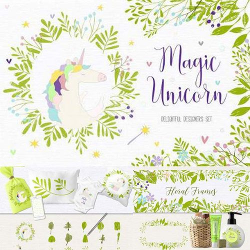 A0291矢量卡通独角兽叶子印花边框装饰logo背景 AI设计素材+png