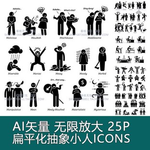 AI设计素材 A0455矢量扁平化抽象小人表情商UI务动作图标icons