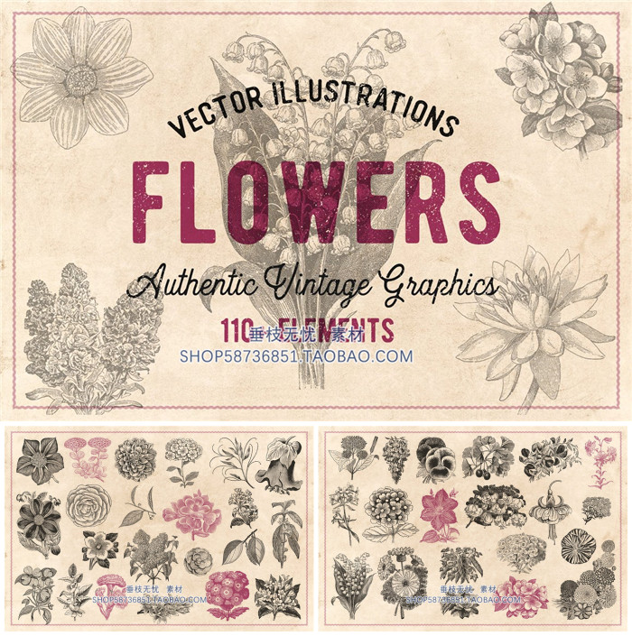 A1788矢量110个复古欧洲手绘植物线稿图百合风信子银杏AI设计素材