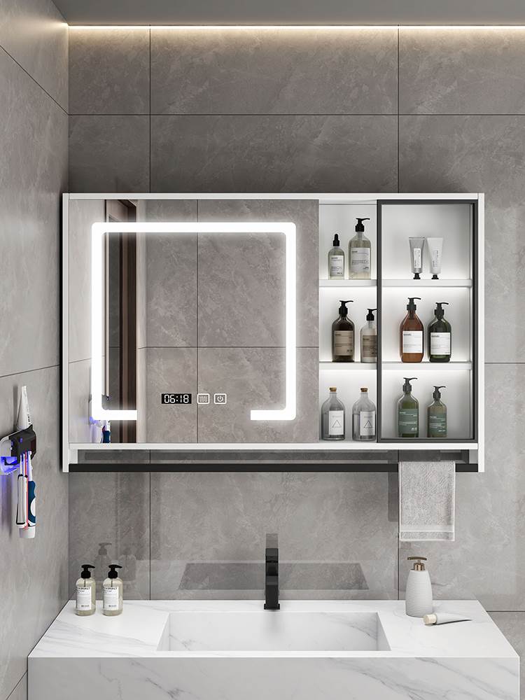 智能浴室镜柜挂墙式带灯防雾卫生间镜子实木置物架单独收纳一体柜