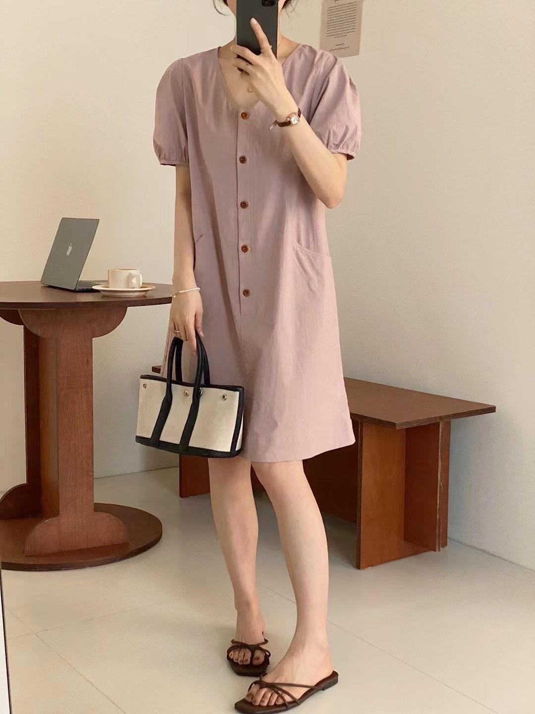 韩国小清新短袖V领棉质松紧泡泡袖连衣裙女夏季减龄百搭显瘦裙子