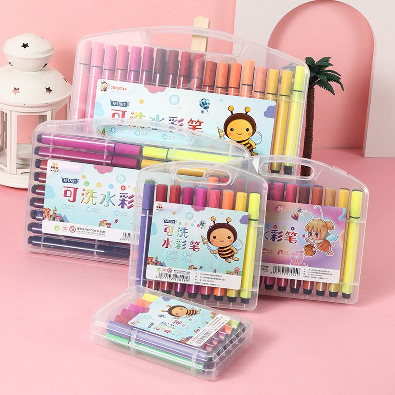 可水洗儿童硬头水彩笔三角杆盒装