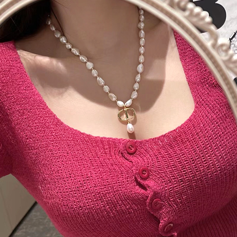 巴洛克纯天然珍珠D家字母项链小众设计夸张锁骨链颈链百搭毛衣链